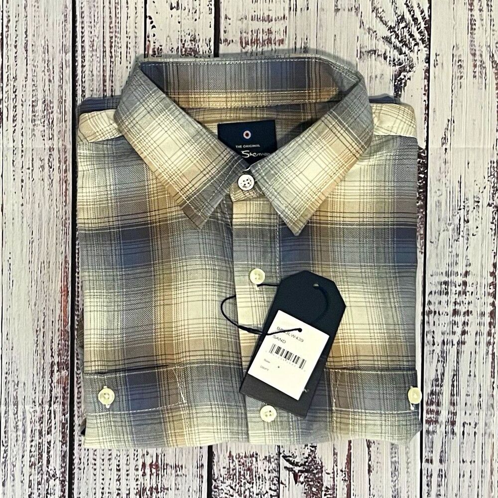 NWT Ben Sherman Mens Small Ombre Shadow Plaid Long Sleeve Button Down Shirt